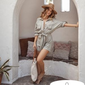 Hotel California Cotton Button Down Utility Romper in Sage